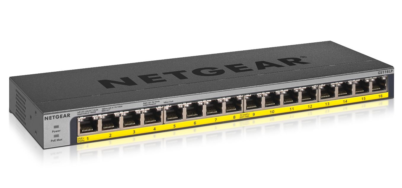 Netgear GS116LP 16-Port Gb PoE/PoE+ flex unmgd Switch 76W Netgear GS116LP 16-Port Gb PoE/PoE+ flex unmgd Switch 76W